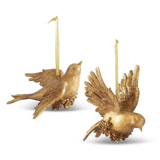 GOLD LEAF BIRD ORNAMENTS - ASSORTED CARVED RESIN  (2 STYLES)