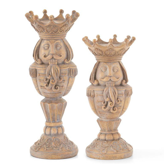 SET OF 2 GRAY WASHED BROWN RESIN NUTCRACKER CANDLEHOLDERS