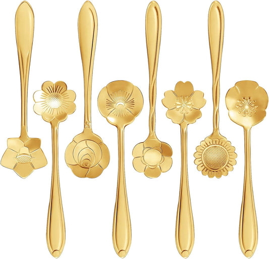 8-Piece Stainless Steel Flower Coffee Spoons in Gold