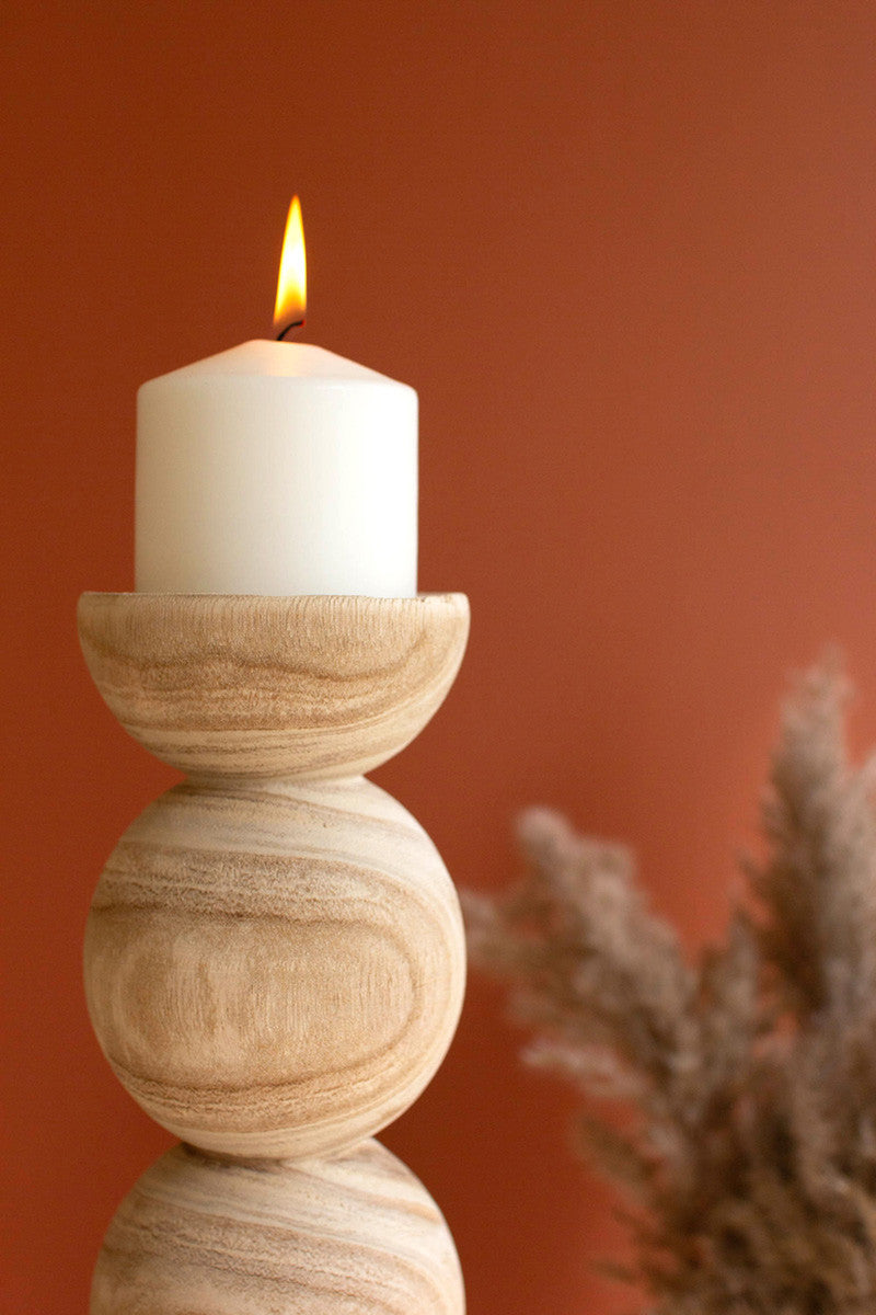 Set of 2 Hand-Carved Wooden Stacked Ball Candle Holders