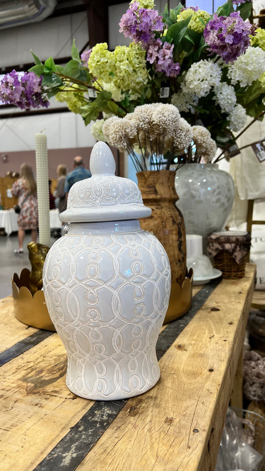 White Patterned Ginger Jar with Lid