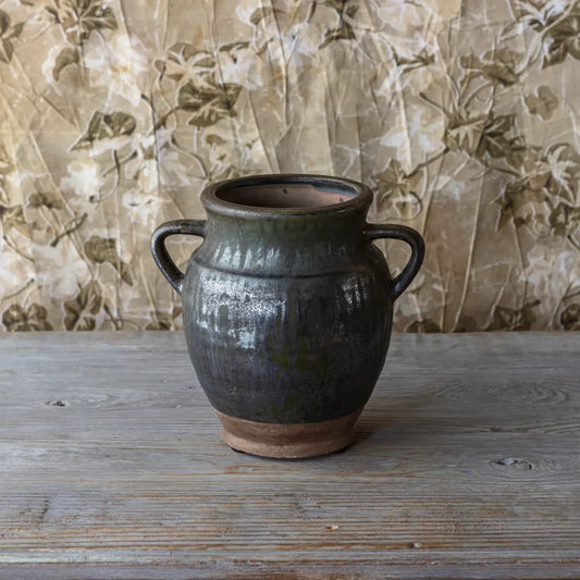 AGED OLIVE DRIPPED GLAZED POTTERY JARDINERE SMALL
