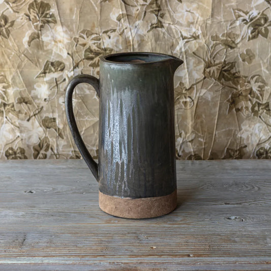 Aged Olive Dripped Glazed Pottery Tall Pitcher Vase