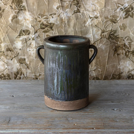 Aged Olive Dripped Glazed Pottery Crock Large