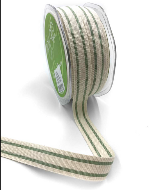 5/8 Inch Cotton Blend Double Stripe Ribbon with Woven Edge in Jadeite Green