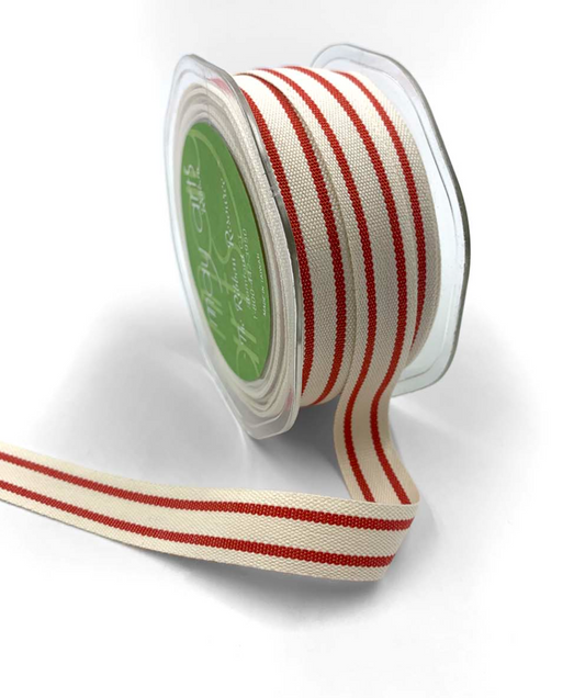 5/8 Inch Cotton Blend Double Stripe Ribbon with Woven Edge in Red