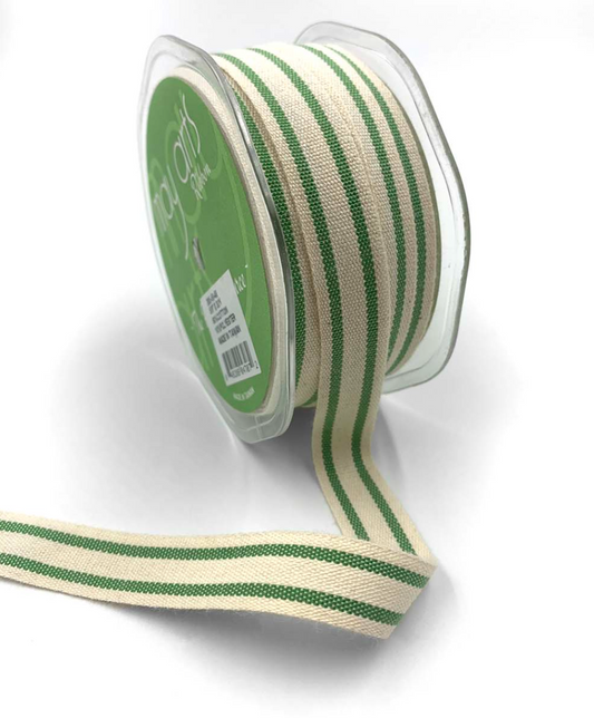 5/8 Inch Cotton Blend Double Stripe Ribbon with Woven Edge in Celery