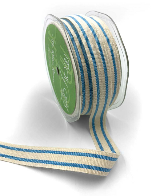 5/8 Inch Cotton Blend Double Stripe Ribbon with Woven Edge in Sky Blue