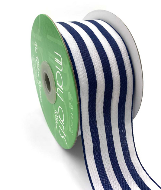 2 Inch Striped Ribbon with Woven Edge in Navy and White