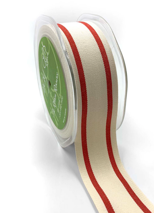 1.5 Inch Cotton Blend Woven Double Stripe Ribbon with Woven Edge in Red