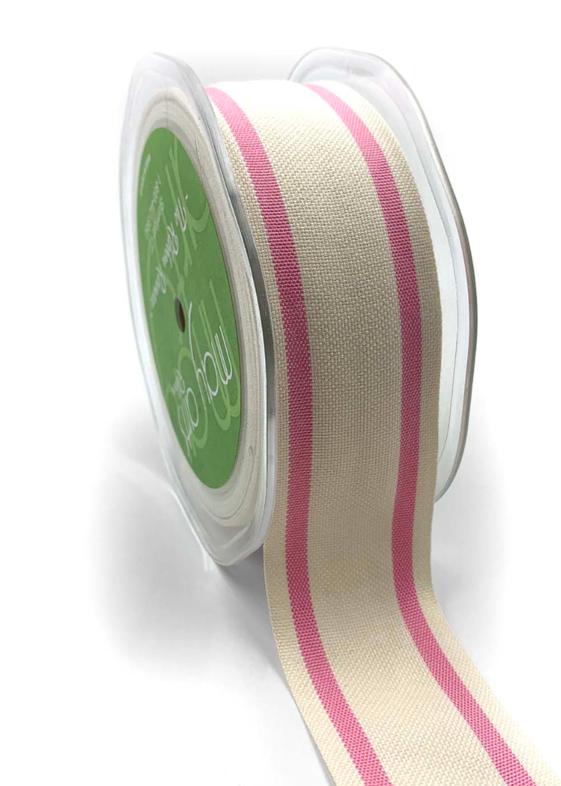 1.5 Inch Cotton Blend Woven Double Stripe Ribbon with Woven Edge in Pink
