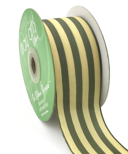 2 Inch Striped Ribbon with Woven Edge in Green and Ivory