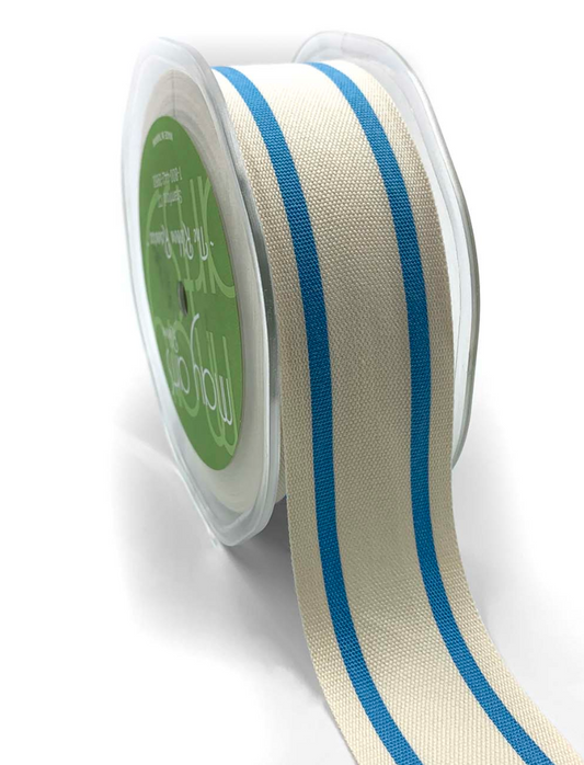 1.5 Inch Cotton Blend Woven Double Stripe Ribbon with Woven Edge in Sky Blue