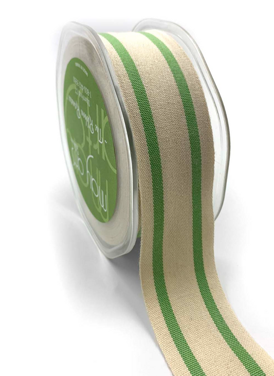 1.5 Inch Cotton Blend Woven Double Stripe Ribbon with Woven Edge in Celery