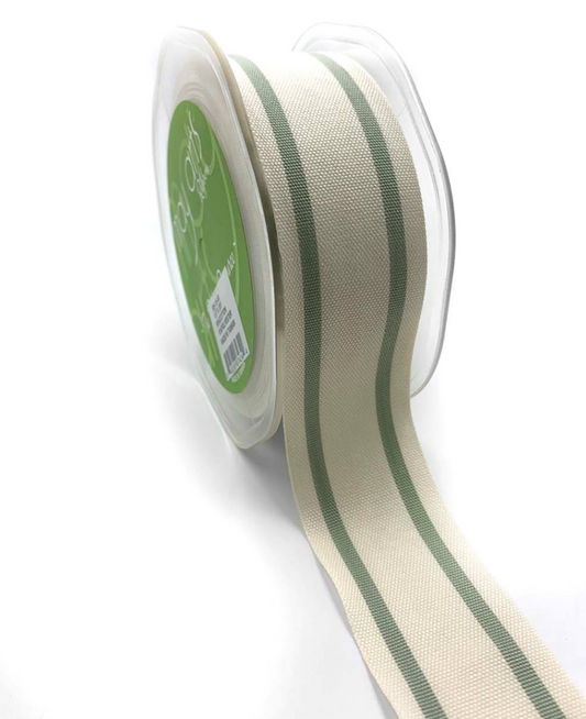 1.5 Inch Cotton Blend Woven Double Stripe Ribbon with Woven Edge in Jadeite Green