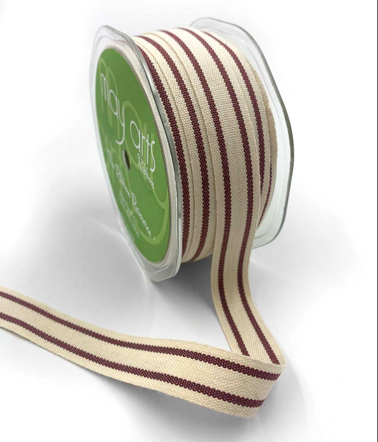 5/8 Inch Cotton Blend Double Stripe Ribbon with Woven Edge in Burgundy