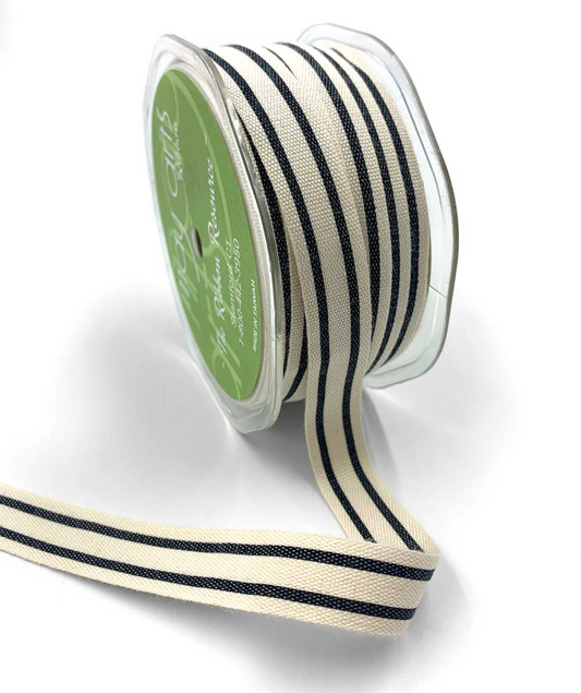 5/8 Inch Cotton Blend Double Stripe Ribbon with Woven Edge in Black