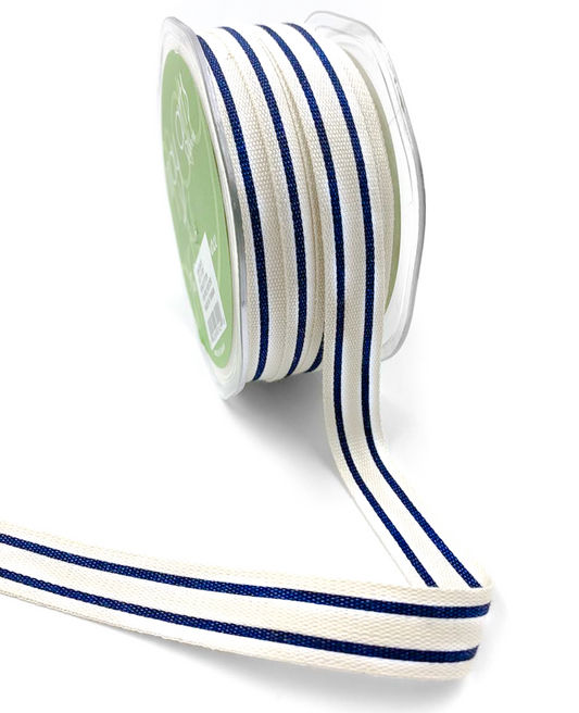 5/8 Inch Cotton Blend Double Stripe Ribbon with Woven Edge in Navy