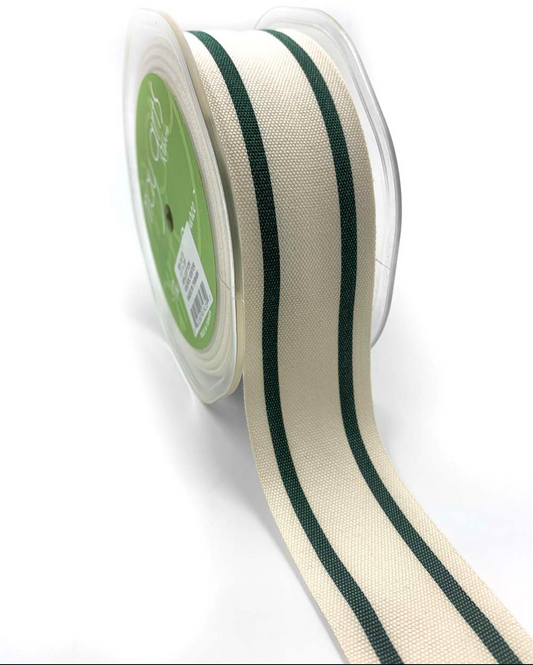 1.5 Inch Cotton Blend Woven Double Stripe Ribbon with Woven Edge in Green