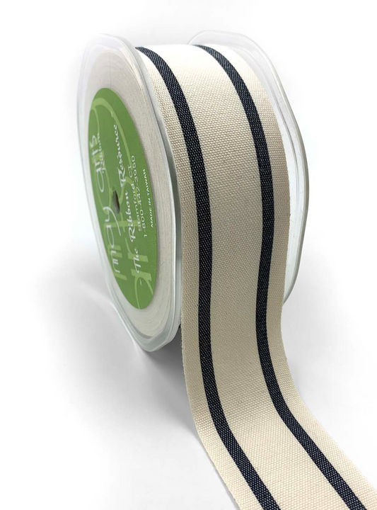 1.5 Inch Cotton Blend Woven Double Stripe Ribbon with Woven Edge in Black