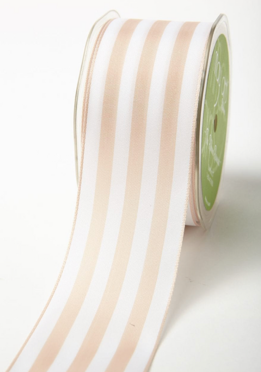 2 Inch Striped Ribbon with Woven Edge in Champagne and White