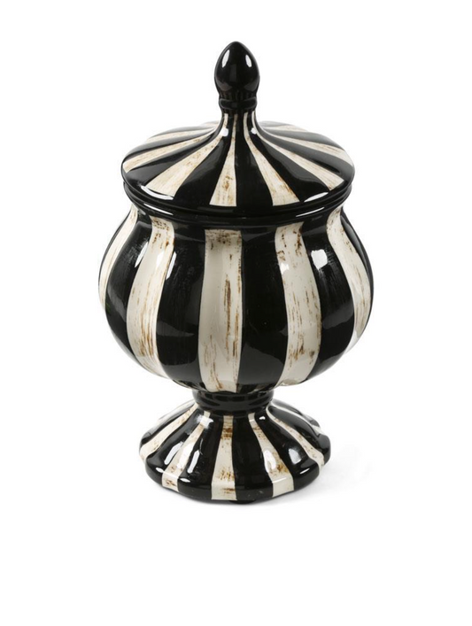 10.5 Inch Black & White Striped Ceramic Jar w/Round Base and Lid