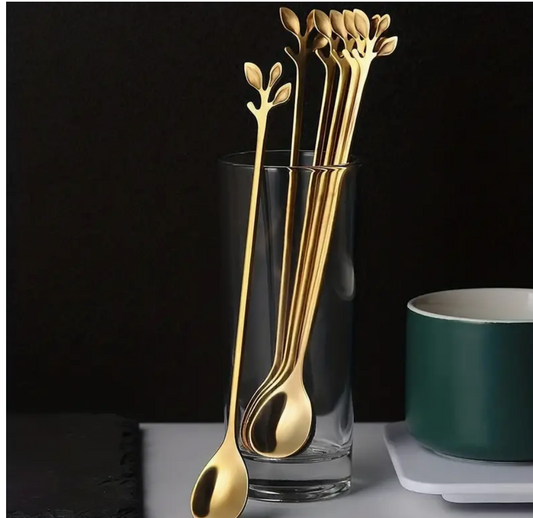 6-Piece Gold Long Handle Stainless Steel Spoons Set in Gold