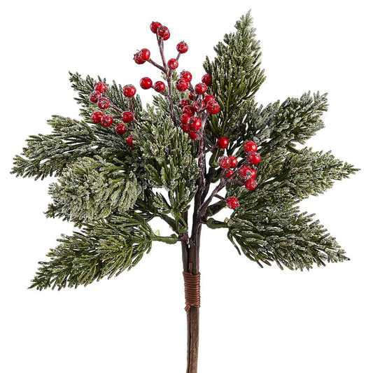 11" ICED PINE BUSH WITH RED BERRIES