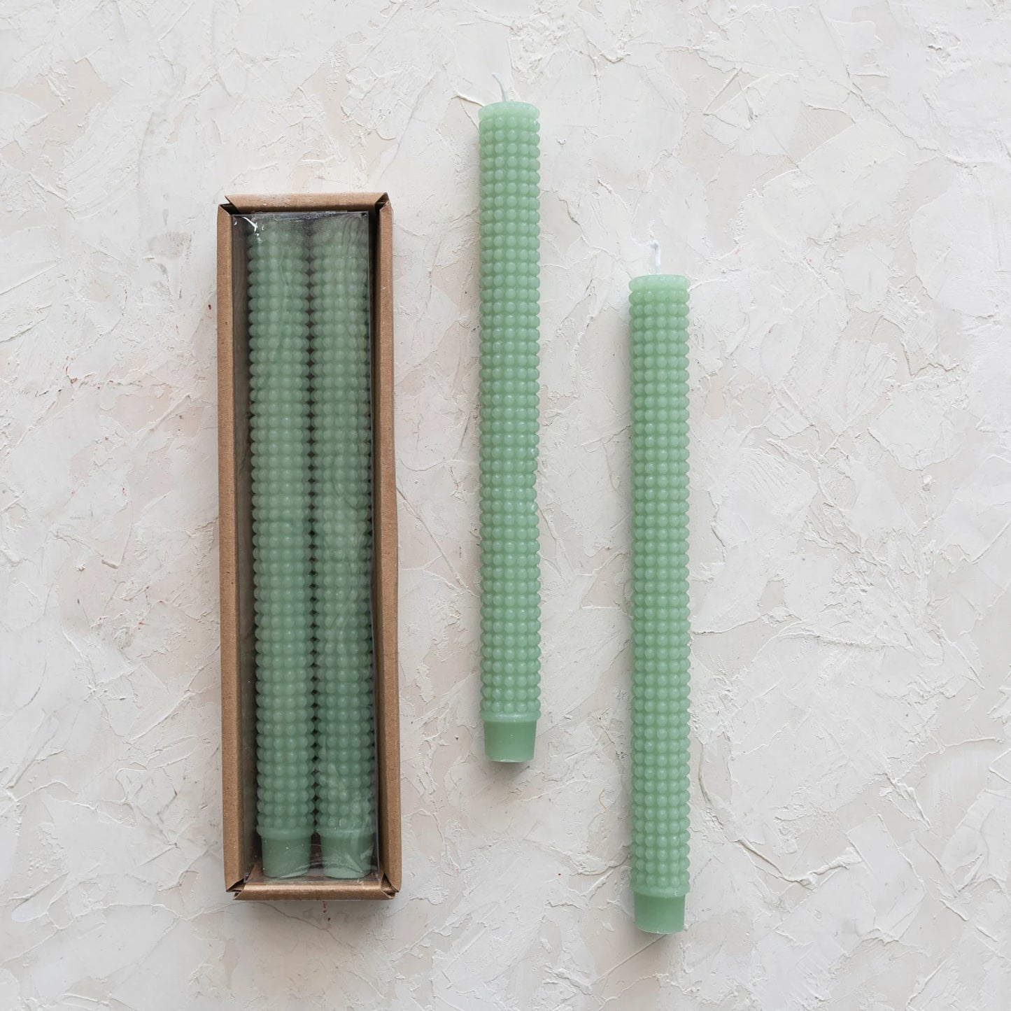 Mint Unscented Hobnail Taper Candles in Box, Set of 2