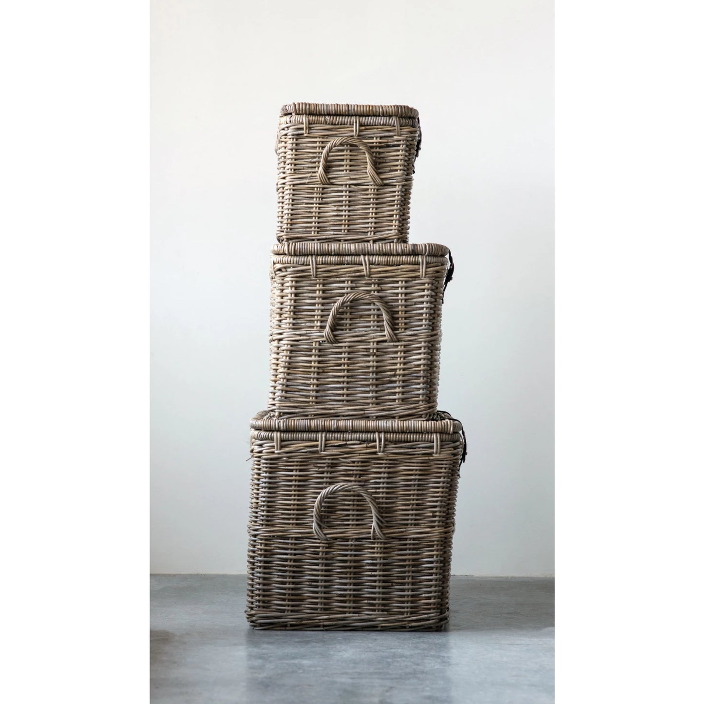 Baskets with Lids and Leather Buckles, 3 Sizes