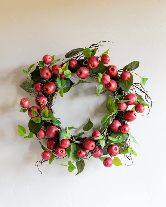 24 INCH RED APPLE AND TWIG W/FOLIAGE WREATH ON GRAPEVINE BASE