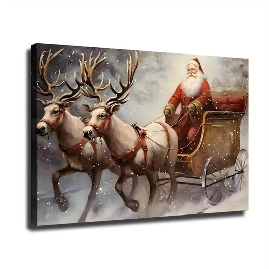 Wooden Framed Canvas Painting Santa Claus And Reindeer 8x12"