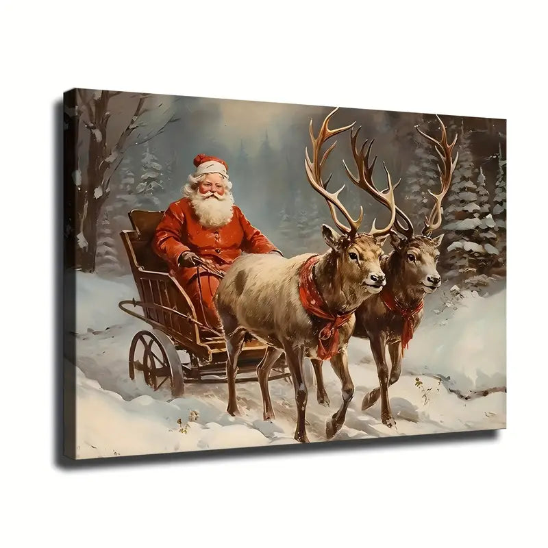 Wooden Framed Canvas Painting Santa Claus & Reindeer Sleigh 8x12"