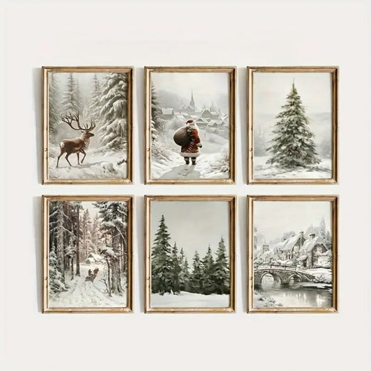 6pcs Vintage Christmas Tree Canvas Art Set