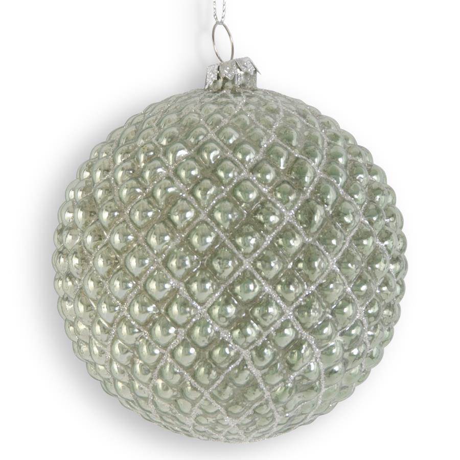 4 Inch Sage Green Mercury Glass Hobnail Round Ornament