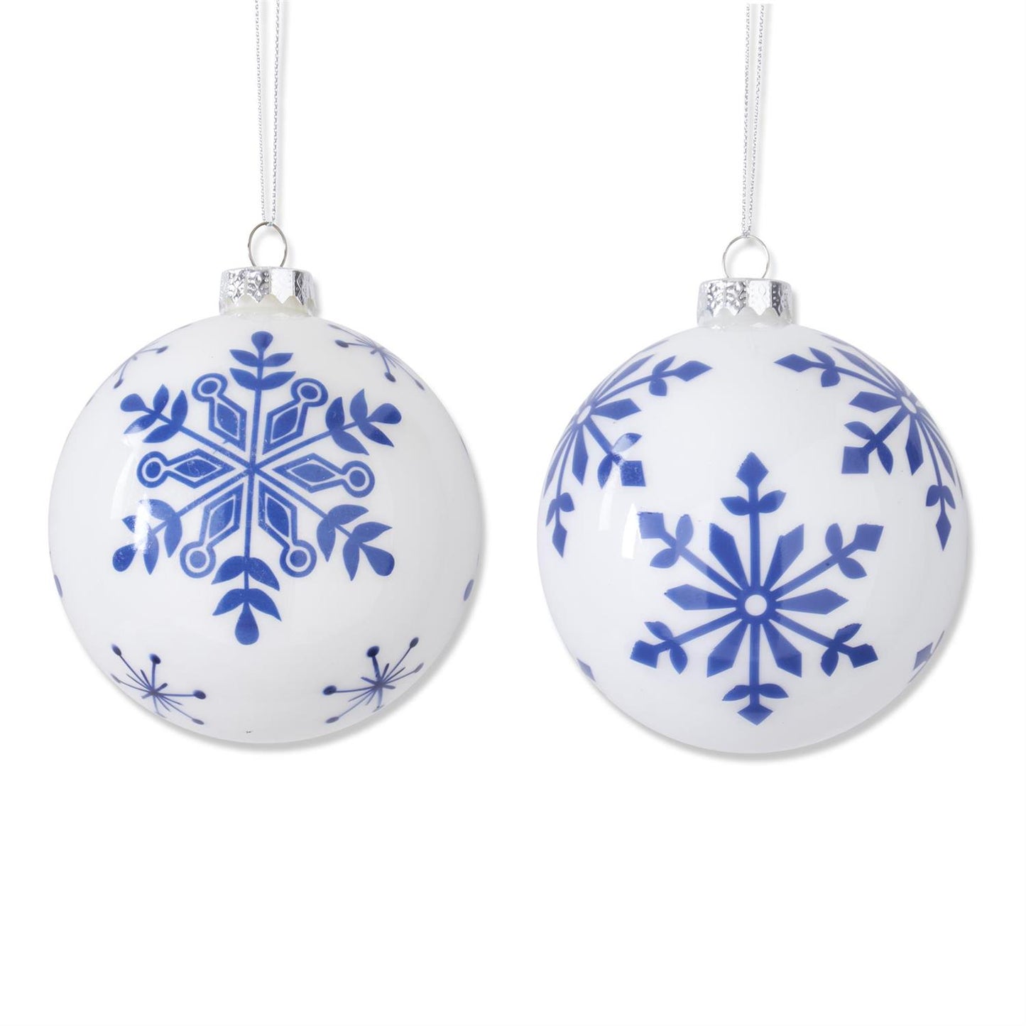 Assorted 4.25 Inch White w/Blue Snowflakes Glass Round Ornaments