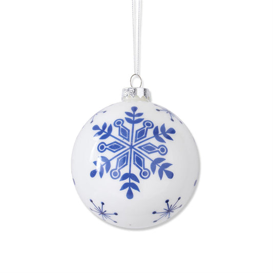 Assorted 4.25 Inch White w/Blue Snowflakes Glass Round Ornaments