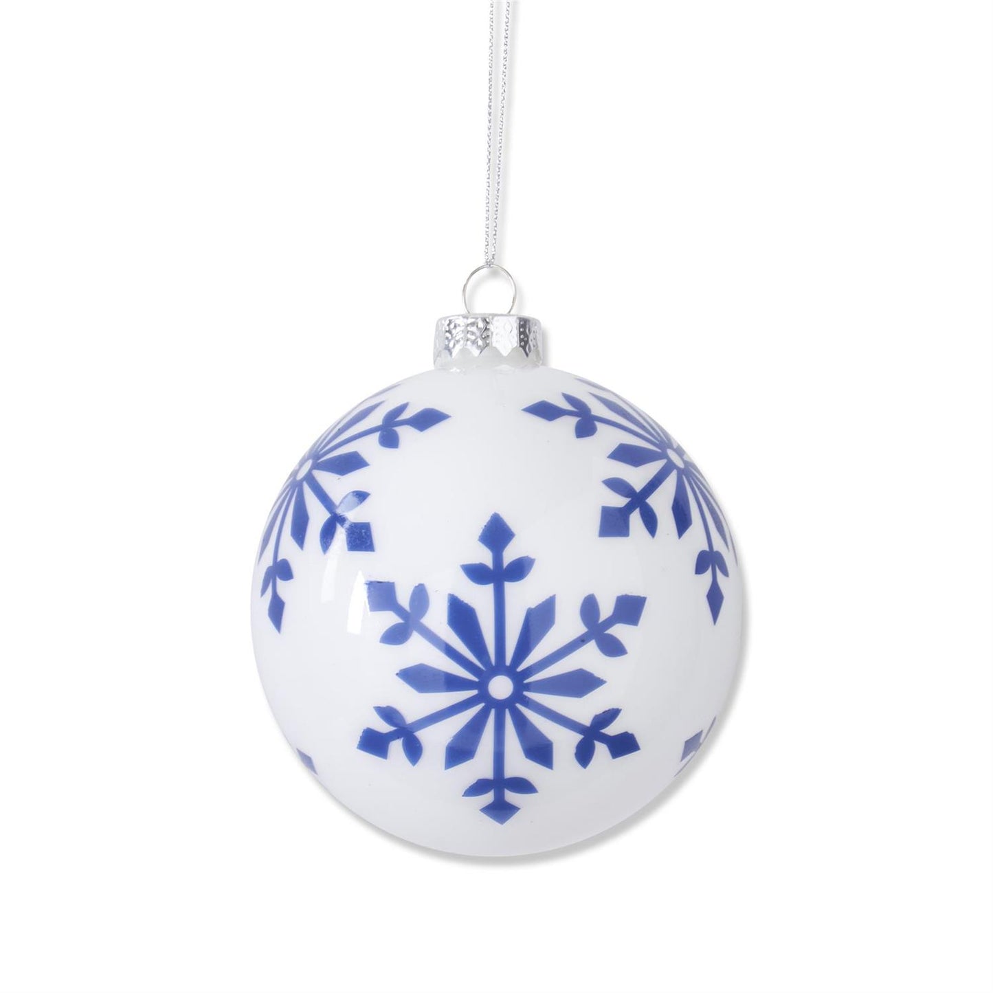 Assorted 4.25 Inch White w/Blue Snowflakes Glass Round Ornaments