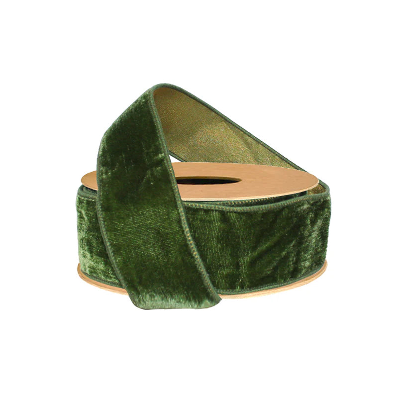 2 1/2" Wired Premium Velvet Ribbon w/ Tissue Back | Green/Gold | 10 Yard Roll