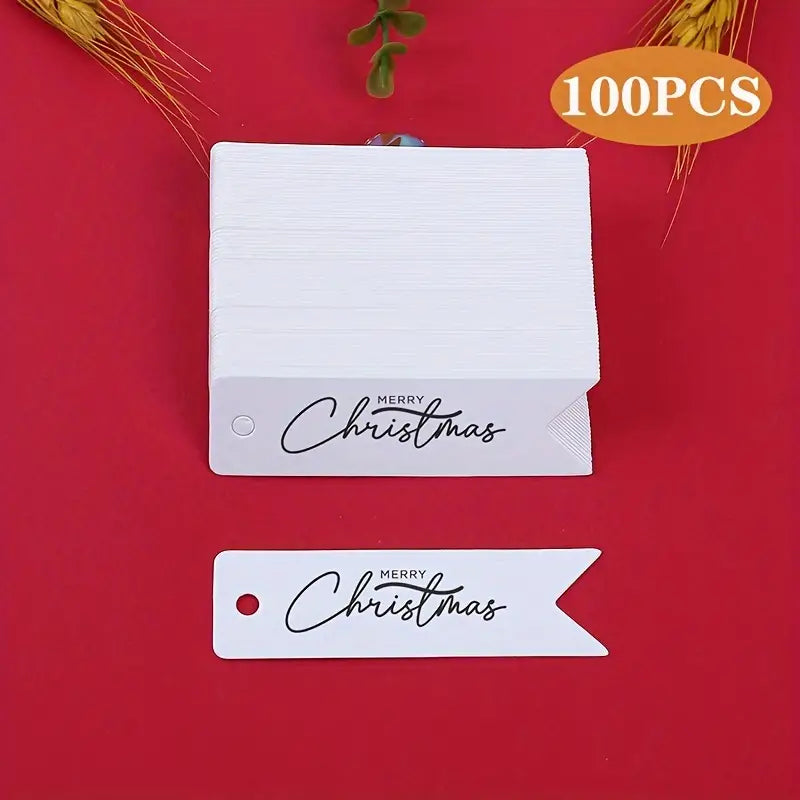 100pcs Merry Christmas Gift Tags - White Paper Hanging Labels