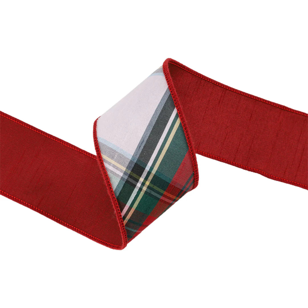 2 1/2" Wired Dupioni Ribbon | Burgundy/Green/White Plaid Bias Cut | 5 Yard Roll