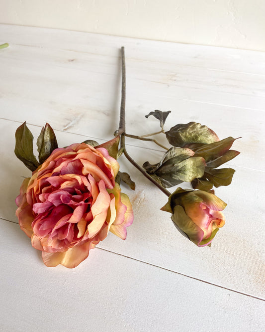 27 INCH PEONY WITH BUD STEM IN YELLOW AND PINK