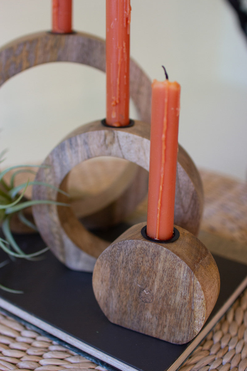Set of 3 Circle Mango Wood Taper Candle Holders