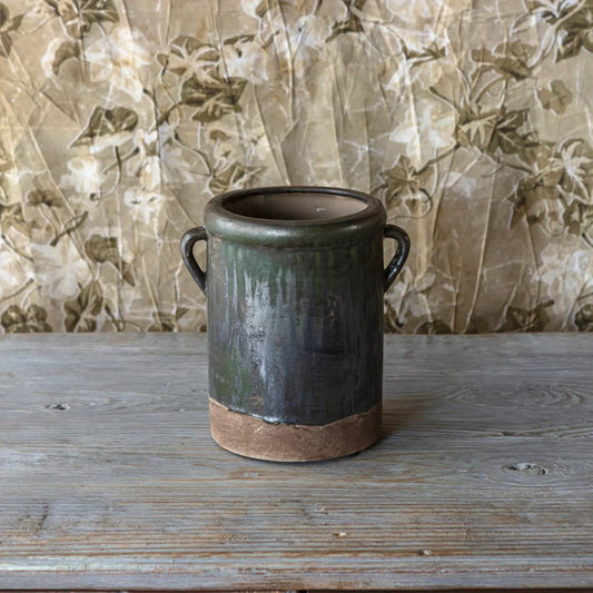 Aged Olive Dripped Glazed Pottery Crock Small