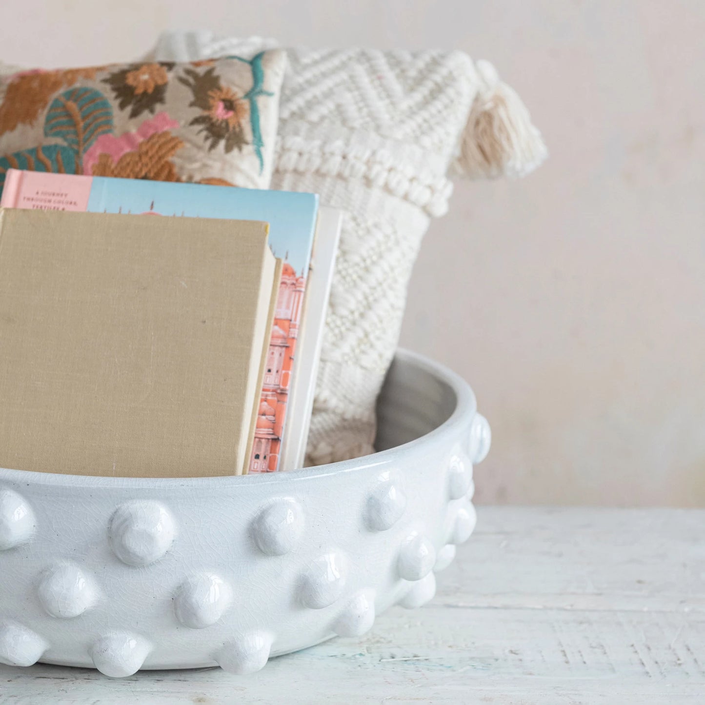 Decorative Terra-cotta Bowl w/ Raised Dots, White