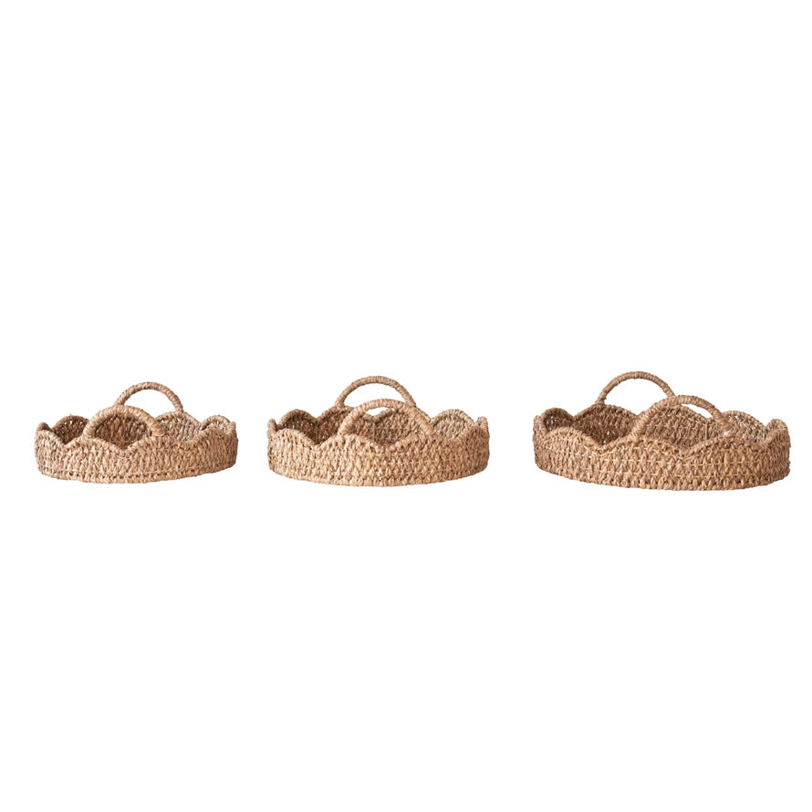 Decorative Round Braided Bankuan & Rattan Trays w/ Scalloped Edge & Handles, 3 Sizes