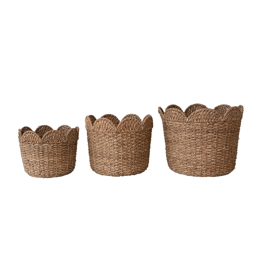 Braided Bankuan & Rattan Baskets w/ Scalloped Edge, 3 Sizes