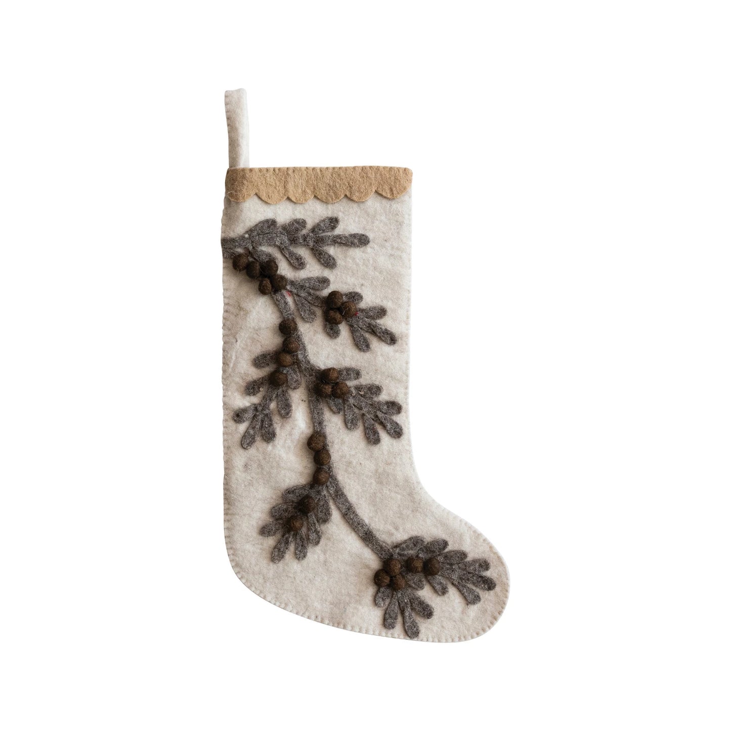 Handmade Wool Felt Stocking w/ Appliqued Branch, Pom Poms & Scalloped Trim