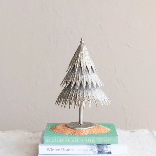 Embossed Metal Tree on Stand, Distressed Pewter Finish