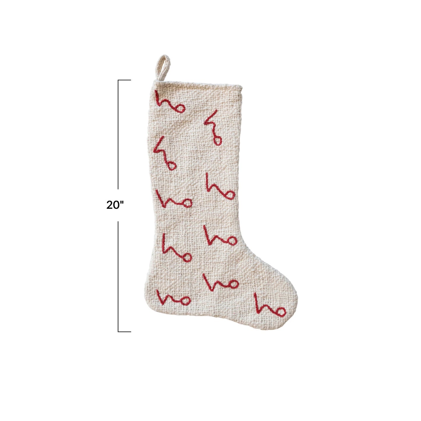 Woven Cotton Stocking w/ Embroidered "Ho Ho Ho" Pattern, Natural & Red